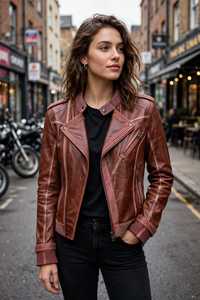 Veste en cuir marron pour femme, style moto, fermeture éclair, col rabattable, détails rivets - Product Image 5