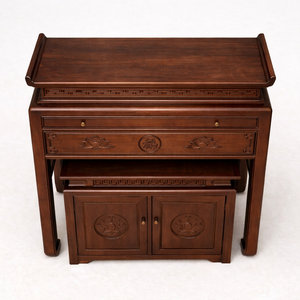 El altar de caoba incluye un pequeño gabinete con sencillos grabados de flores de loto. - Product Image 6