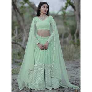 Lehenga Choli semi-cousu en georgette vert pastel à paillettes, 2000g, pour tenue de fiançailles - Product Image 2