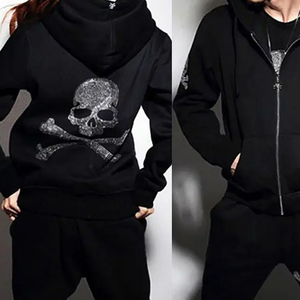 Sudadera con Capucha y Cremallera para Hombre, Color Negro, Diseño de Calaveras con Pedrería, Corte Regular, Informal, Otoño, Tela French Terry - Product Image 5