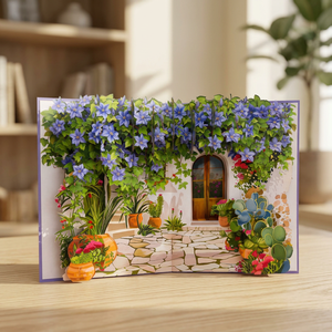 Carte de vœux 3D écologique motif cour de fleurs bleues, impression offset, finition mate, papier artistique, cadeau d'anniversaire - Product Image 2