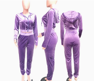 Women <b>Plus</b> <b>Size</b> Purple Velour Tracksuit <b>Set</b> Hooded Crop Top Full Length <b>Joggers</b> Solid Color Casual Wear Full Sleeve Side Pockets - Product Image 6