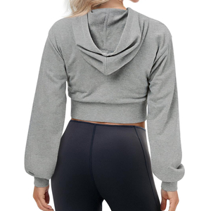 Sweat-shirt à capuche court gris pour femme, tricoté, à manches longues, couleur unie, manches lanternes, respirant, sans doublure, pour l'automne - Product Image 2