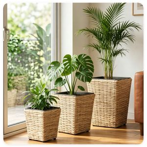 Set di 3 Fioriere in Rattan Intrecciato Resistenti ai Raggi UV, Contenitori per Piante in PP con Fodera Rimovibile e Fori di Drenaggio per Uso Interno ed Esterno - Product Image 6