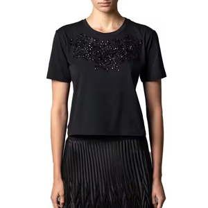 T-shirt court noir à strass motif araignée pour femme, coupe ajustée, col rond, style gothique - Product Image 5