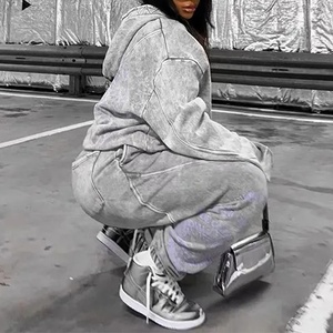 Acid Washed Custom Logo <b>Distressed</b> Zip Hoodie Women's Tracksuit Set Two Piece Cotton Eco-Friendly Short <b>Tops</b> Workout Joggers - Product Image 1