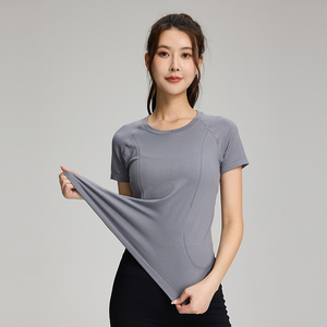 Camiseta de Punto para Mujer, Color Rosa, Manga Corta, Cuello Redondo, Corte Ajustado, Secado Rápido, Color Sólido, Ropa Casual de Primavera/Verano - Product Image 3