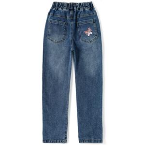 Girls Trendy Floral Embroidered Regular Fit Straight Leg Denim <b>Jeans</b> <b>Elastic</b> <b>Waist</b> Polyester/Cotton Vintage Style Full Length - Product Image 2
