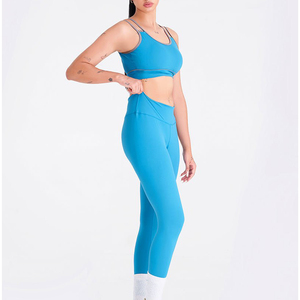 Custom Logo Women's Yoga Set Seamless Ribbed Long Sleeve Crop <b>Top</b> and High Waisted Leggings Two Piece Gym Fitness Outfit - Product Image 2
