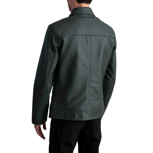 Custom <b>Mens</b> Dark Green Real Leather Jacket Classic Collar Zip Up <b>Coat</b> OEM Private Label Clothing Manufacturer Wholesale Supplier - Product Image 2