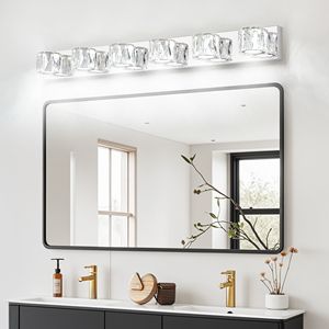 Applique murale LED moderne 41 pouces à 6 lumières en cristal, élégante, chromée, pour salle de bain et chambre à coucher, avec abat-jour en cristal transparent - Product Image 1