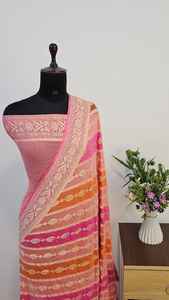 Sari en soie 100% pure Banarasi Khaddi Chiffon Georgette, teinture au pinceau Rangkat de luxe, pour soirée, ethnique indien traditionnel, séchage rapide - Product Image 2