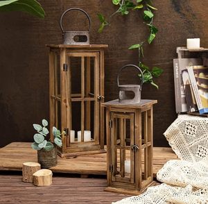 Farol de Vela Rústico Antiguo de Madera Hecho a Mano con Paneles de Vidrio, Estilo Rústico, Decoración para el Hogar y Bodas - Product Image 2