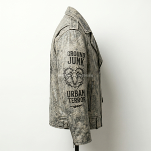 Chaqueta de Cuero para Hombre con Estampado Personalizado, Estilo Motero, Color Gris Desgastado, Diseño de Esqueleto de Ciervo, Estilo Punk Rock, Ropa Urbana - Product Image 3