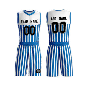 Conjunto de Uniforme de Baloncesto Personalizado con Rayas Azules y Blancas, Unisex, Sin Mangas, Cuello en V, Malla Sublimada Transpirable para Adultos - Product Image 1