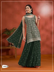 Costume Anarkali vert brodé en rayonne pour femme avec dupatta, longueur ras du sol, tenue traditionnelle indienne et pakistanaise pour mariage - Product Image 1