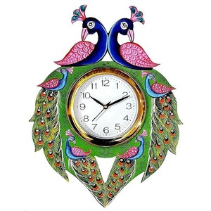 Handcrafted Traditional Peacock Wall <b>Clock</b> Wood <b>Hand</b>-Painted Blue/Green Wholesale India - Product Image 2