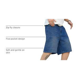 Shorts en jean pour homme, taille mi-haute, coupe droite, délavage clair, décontractés, été, en coton, avec poches, tissu tissé - Product Image 3