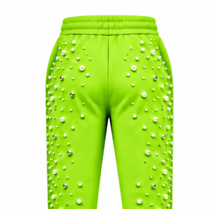 Lime Green Pearl Beaded Jogger Pants Women Luxury Embellished <b>Drawstring</b> Sweatpants Casual Streetwear Fleece <b>Trousers</b> Customized - Product Image 4
