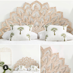 Tête de lit sculptée en bois Smart Art, taille Queen, motif demi-lune et fleur de lotus lavée, en bois d'ingénierie, mobilier de chambre à coucher - Product Image 5