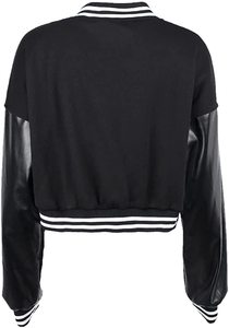 Chaqueta Varsity Unisex Negra con Mangas de Cuero PU, Cuello Redondo, Cierre de Botones, Estilo Casual para Otoño, Corte Regular y Corto - Product Image 2