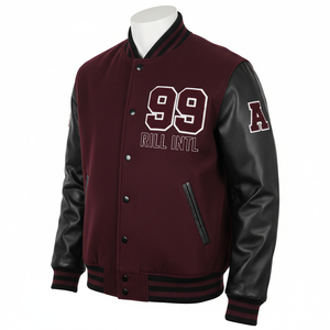 Veste varsity en laine grise pour homme avec manches en cuir marron, logo brodé A18 RILL INTL sur le devant, style preppy, vêtement d'automne - Product Image 6