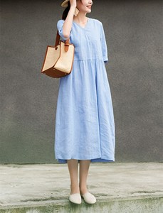 Elegant Sky Blue Cotton Linen Plain Maxi <b>Dress</b> With V-Neck Boho <b>Loose</b> Fit Short Sleeve Summer Casual <b>Dress</b> For Women - Product Image 4