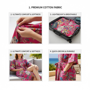 Robe de nuit kimono en coton biologique rose à motifs floraux, col en V, manches longues, tissée à la main, pour femme, prix usine, vente en gros - Product Image 6