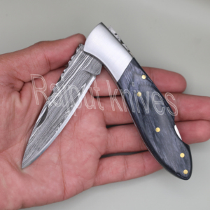 Couteau de poche pliant de qualité supérieure en acier Damas de qualité industrielle, lame à pointe tombante, bord droit, manche en bois, 18 cm - Product Image 1