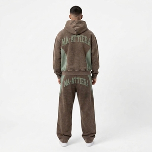 Conjunto Deportivo con Capucha para Hombre, Color Marrón y Verde, Estampado de Letras, Cierre Completo, Corte Holgado, Estilo Casual Otoñal, 100% Algodón Transpirable, Sudadera y Pantalones - Product Image 4