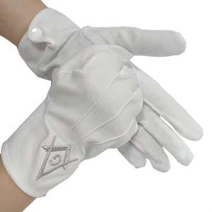 Gants maçonniques en coton 100% blanc avec broderie machine bleue de compas carré, gants maçonniques - Product Image 4
