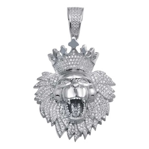 Lion Head <b>Crown</b> Pendant With Moissanite Inlay 925 <b>Silver</b> Hiphop Men's Themed Charm - Product Image 1