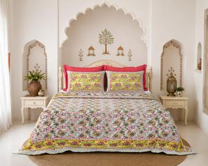 100% Organic Cotton <b>King</b> <b>Size</b> 300tc Hand Block Printed Floral Reversible Bohemian Home Bedding Set <b>Sheet</b> & Pillowcase Set - Product Image 3