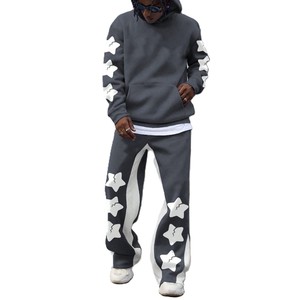 Men's Gray Hooded Tracksuit With <b>White</b> Star Print Loose Fit Streetwear <b>Sweatshirt</b> And Pants Full Length Autumn Wear - Product Image 1