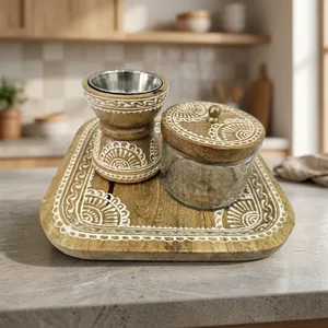 Ensemble brûle-encens en bois style bohème sur plateau carré avec motifs floraux blancs peints à la main, coupelle en métal et pot de rangement en acrylique - Product Image 4