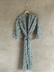 Resort Wear Bohemian V-neck Women's Long Sleeve Cotton Hand Block Print <b>Kimono</b> Robe Belt Closure Lightweight Summer <b>Beach</b> Cover - Product Image 1
