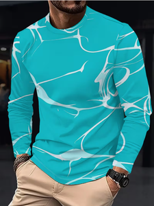 <b>Men's</b> <b>Collarless</b> Embossed Printed Sporty <b>Shirt</b> Turquoise <b>White</b> Pattern Quick Dry Knitted Casual Top Spring Full Sleeve 100% - Product Image 6