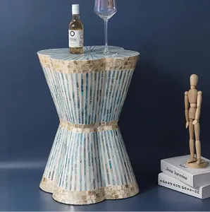 Scalloped Hourglass Accent <b>Stools</b> Mother of Pearl Handcrafted Mosaic Small Side Table For Living Room <b>Bedroom</b> Decor Use - Product Image 4