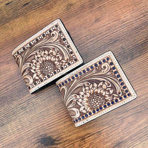 Custom <b>Hand</b> Tooled Leather <b>Men's</b> Bifold Wallet Sunflower Bead Design Multi-Card Holder Fashionable & Factory Wholesale Available - Product Image 4