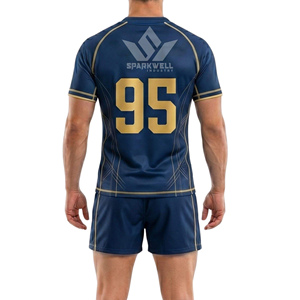Ensemble de maillot de rugby bleu marine pour homme, manches courtes, col rond, polyester sublimé, respirant, coupe athlétique, uniforme d'équipe adulte - Product Image 2