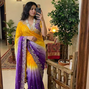 Sari élégant pour cérémonie de mariage – Tissu en satin doux avec broderie de designer - Product Image 1