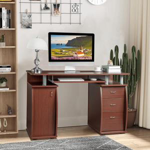 Scrivania per Computer Portatile 55x115x74cm in MDF Color Caffè con 3 Cassetti e Anta, 1 Pezzo - Product Image 1