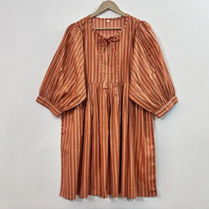 Vestido Casual Midi para Mujer, Tejido 100% Algodón, Liso, Manga Corta, Cintura Imperio, Estilo Babydoll, Cuello en V, Holgado, Origen India - Product Image 1