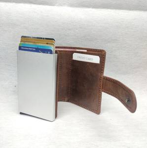 Genuine Leather RFID Blocking Metal Pop up Push Button <b>Credit</b> <b>Card</b> Holder <b>Wallet</b> Crazy Horse Cow Hide Purse Man Custom Wholesale - Product Image 3