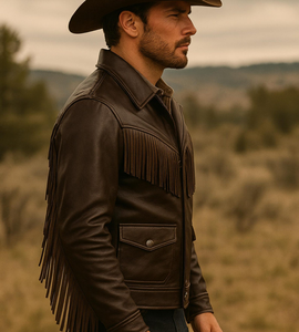 Luxury <b>Men</b>’s Genuine <b>Leather</b> Fringe <b>Jacket</b> <b>Brown</b> Western Cowboy Style Vintage Tassel Outerwear for <b>Men</b> - Product Image 5