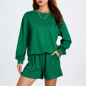 Women's <b>2</b> <b>Piece</b> <b>White</b> Woven Sweatshirt Shorts <b>Set</b> Crew Neck Regular Fit Casual All Seasons Solid Color Pocket Embroidered ODM - Product Image 3