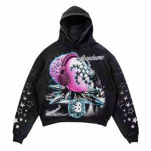 Custom Made By Twin <b>City</b> Y2K <b>Hoodies</b> Grunge Aesthetic Heavyweight Cotton Vintage Graphic Pullover Sweatshirt with Sleeve Stars - Product Image 1