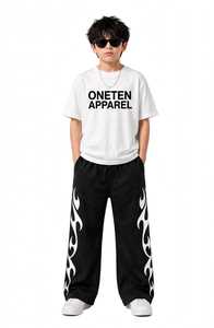 ONETEN APPAREL Kids White Crewneck T-<b>Shirt</b> Black <b>Flame</b> Joggers Streetwear Set Loose Fit Summer Cotton Outfit Boys Children - Product Image 3