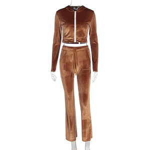 Ensemble de survêtement en velours marron caramel pour femme, deux pièces, sweat à capuche court zippé et pantalon évasé, tenue de détente en velours doux et moelleux - Product Image 5