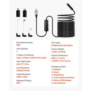 Telecamera Endoscopica Semi-Rigida da 49,2 Piedi HD 1920P con Luce per Ispezione Industriale Compatibile con Android e iOS - Product Image 3